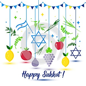 Happy Sukkot Holiday. Jewish Holiday Sukkot. Vector Jewish new year. Autumn Fest. Rosh Hashana Israel Sukkah. Palm tree