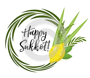 Happy Sukkot round frame of herbs. Jewish holiday huts template for greeting card