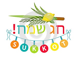 Happy Sukkot typography flat style with etrog, lulav, Arava, Hadas. photo