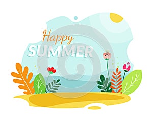 Happy Summer banner on blue bubble with bright leaves and floral illustration