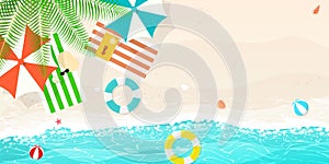 Happy summer,beach blue wave,umbrella beach balls swim ring vector