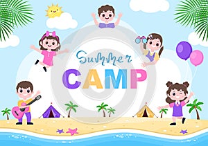 Happy Summer Camp in the Beach for Expedition, Travel, Explore and Outdoor Recreation. Landscape Background Illustration