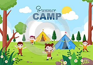 Happy Summer Camp in the Mountain for Expedition, Travel, Explore and Outdoor Recreation. Landscape Background Illustration