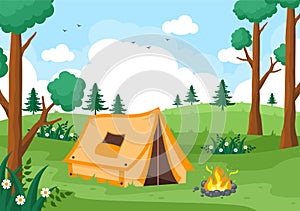Happy Summer Camp in the Mountain for Expedition, Travel, Explore and Outdoor Recreation. Landscape Background Illustration