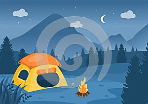 Happy Summer Camp in the Mountain for Expedition, Travel, Explore and Outdoor Recreation. Landscape Background Illustration