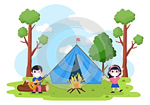 Happy Summer Camp in the Mountain for Expedition, Travel, Explore and Outdoor Recreation. Landscape Background Illustration