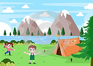 Happy Summer Camp in the Mountain for Expedition, Travel, Explore and Outdoor Recreation. Landscape Background Illustration