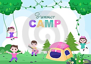 Happy Summer Camp in the Mountain for Expedition, Travel, Explore and Outdoor Recreation. Landscape Background Illustration