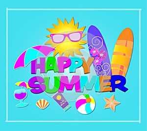 Happy Summer colorful lettering. Vector with beach icons on lightblue background