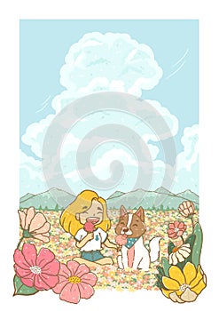 Happy summer girl and dog having ice cream cone in flower field with cloud sky and mountain in background