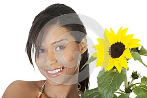 Happy summer girl portrait with sunflower