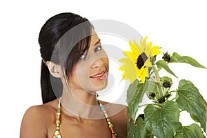 Happy summer girl portrait with sunflower