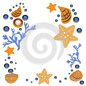 Happy summer greeting card with seashells on white background. Square frame from hand drawn sea shells and stars, corals