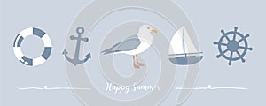 happy summer holiday banner design with gull sailing boat shell and anchor