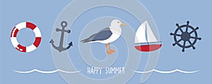 happy summer holiday banner design with gull sailing boat shell and anchor