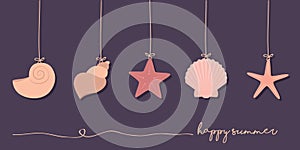 happy summer holiday banner set of hanging sea shell