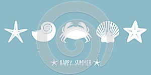 happy summer holiday design banner with sea shell starfish crab