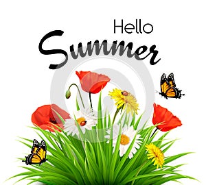 Happy summer holidays background with flowers and butterflies.