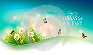 Happy summer holidays background with flowers, grass