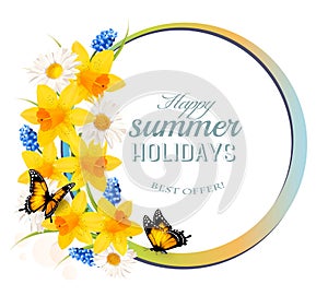 Happy Summer Holidays banner with flowers and butterflies.