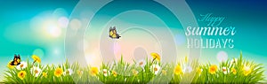 Happy summer holidays banner with flowers, grass and butterflies