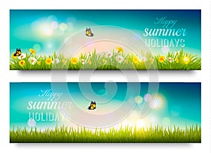 Happy summer holidays banner with flowers, grass and butterflies