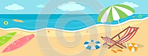 Happy summer sand beach banner vector illustration, colorful background of deck chair, umbrella, swim ring, s