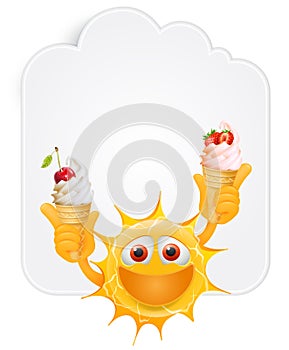 Happy Summer Sun Emoticon. Happy Sun Emoji with ice cream in the hands in front of cloud shaped banner .