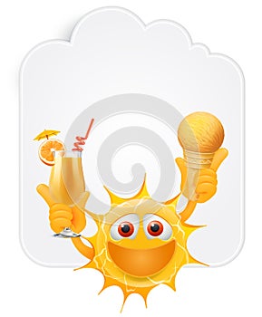 Happy Summer Sun Emoticon. Happy Sun Emoji with ice cream and orange juice in the hands in front of cloud shaped banner .