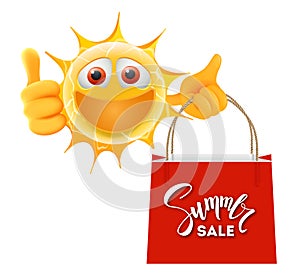Happy Summer Sun Emoticon. Happy Sun Emoji with thumb up and shopping bag in Hand. Summertime Illustration good for Summer Sale
