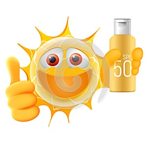 Happy Summer Sun Emoticon. Happy Sun Emoji with thumb up and sun lotion bottle in the Hand. Summertime Illustration.