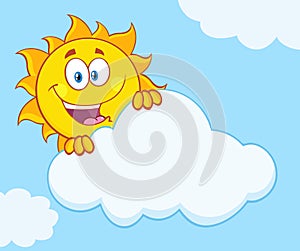 Happy Summer Sun Mascot Cartoon Character Hiding Behind Cloud