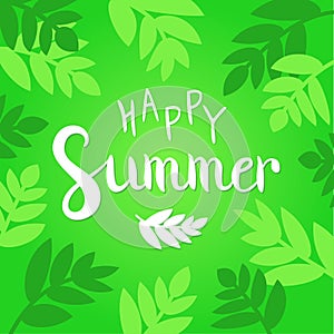 Happy Summer vector illustration. Vibrant green background with hand drawn lettering.