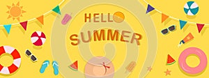 Happy summer web banner vector illustration with beach vibes decorate and colorful flags