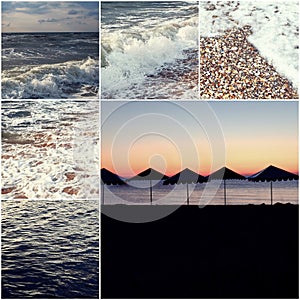 Happy summertime theme photo collage composed of colorized images of Sea of Azov and beach Umbrellas silhouettes.