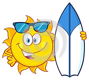 Happy Sun Cartoon Mascot Character With Sunglasses Holding A Blue Surf Board