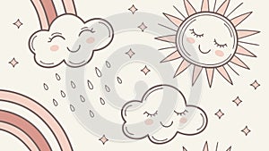 Happy Sun, Clouds & Rainbow, Cheerful Seamless Vector Pattern, vector design Generative AI