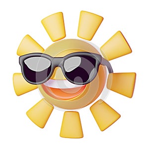 Happy Sun Emoji Sunglasses 3d icon. Summer Vacations. Illustration Face Vector Design Art.