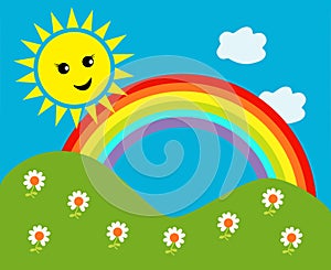 Happy sun with rainbow and clouds