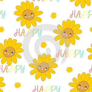 Happy Sunflower and the phrase happy Hand sketched seamless pattern cute flowers vector illustration print design for textiles,