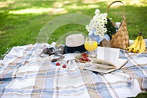 Happy sunny day at a picnic in the park. Flowers, fruits, drinks, a book, a hat, a basket and a blanket. Copy space