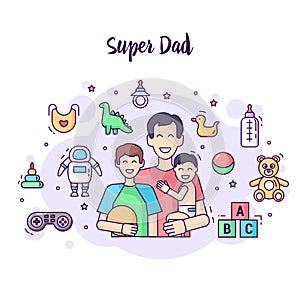 Happy super dad, sons teenager and baby in diaper with baby accessories and toys.