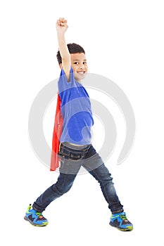 Happy superhero kid hero raise hand