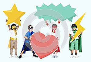 Happy superheroes with fun icons
