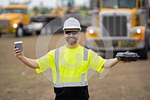 happy supervisor at the construction. supervisor man at construction site. worker at lunch break. male supervisor at