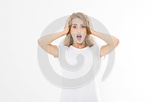 Happy suprised face. Shock emotion. Big sale concept. Young blonde caucasian woman isolated on white background. blank tshirt.