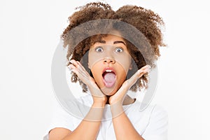 Happy suprised face. Young dark skin woman isolated on white background. African american girl. Copy space. Afro curly hair