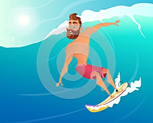 Happy Surfer ride on Blue Ocean Wave. Character cartoon design.