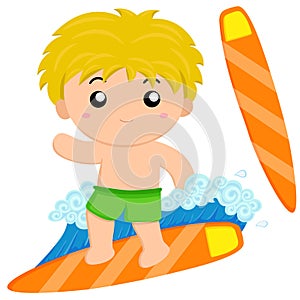 Happy surfing boy in the sea vector