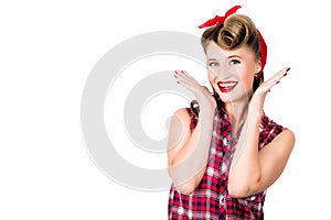 Happy and surprise beautiful young woman with pin-up make-up and hairstyle